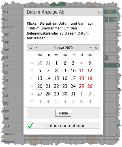 Hotelsoftware Belegungsplan Kalenderauswahl