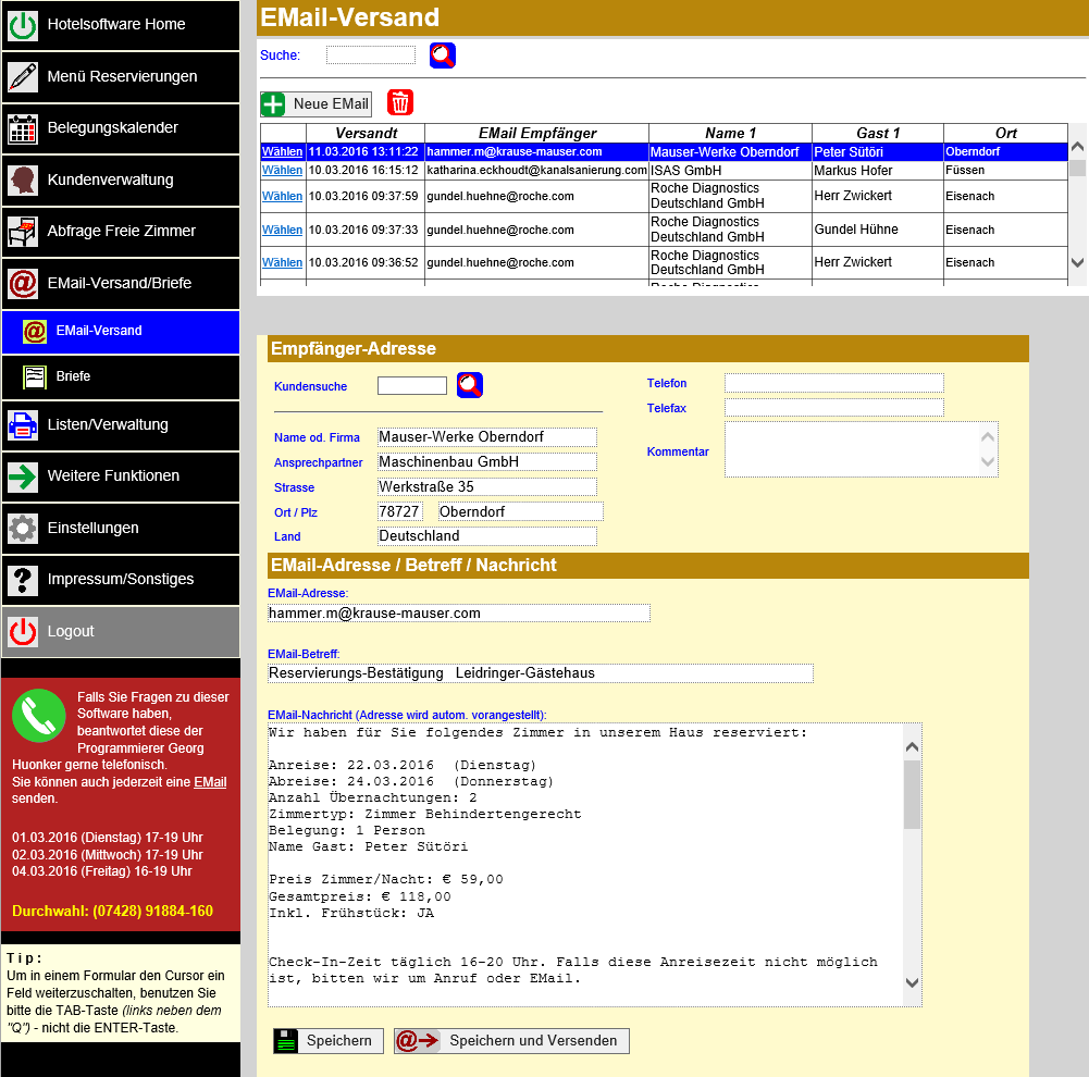 Hotelsoftware EMail-Versand