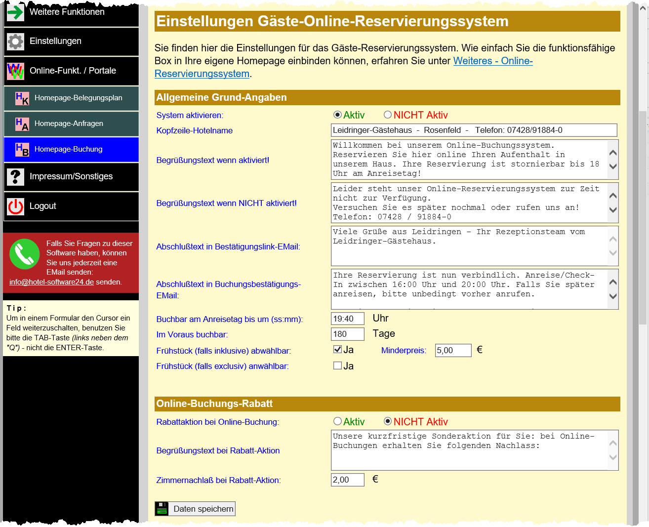 Einstellungen Onlinebuchung