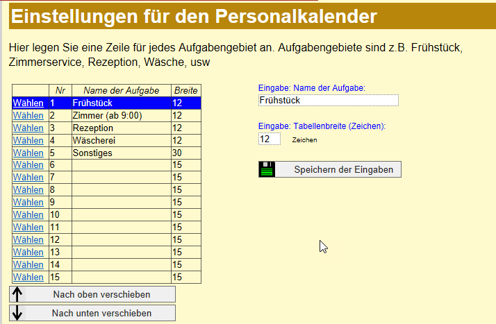 Einstellungen Personalkalender