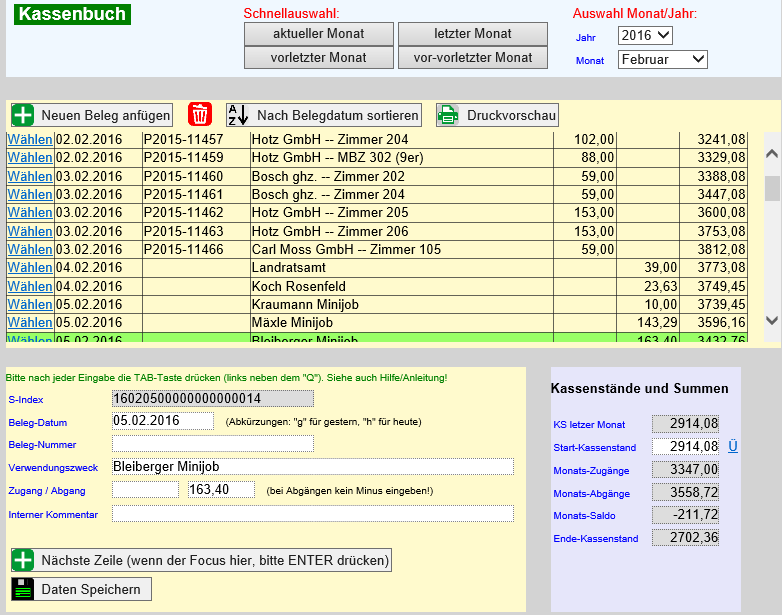 Hotelsoftware Kassenbuch