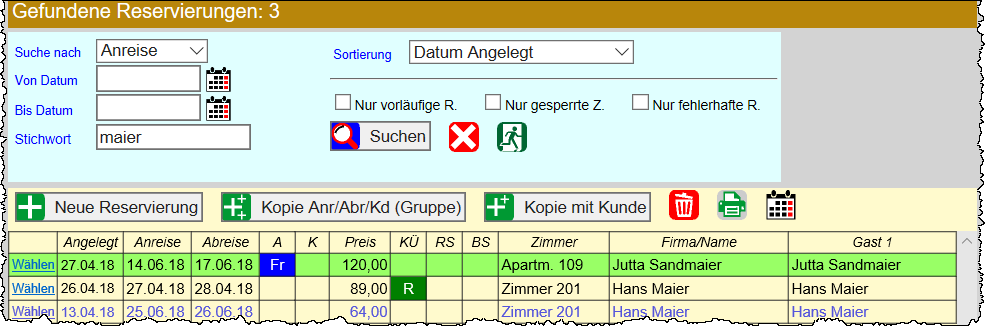 Hotelsoftware Menü Reservierungen