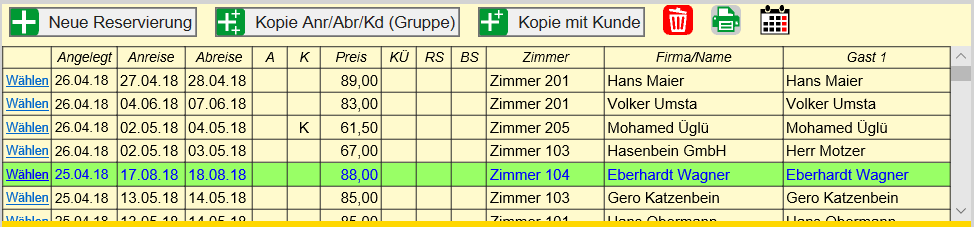 Hotelsoftware Reservierungs-Tabelle