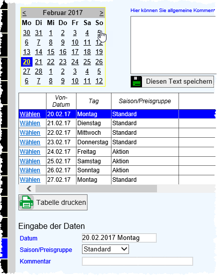 Saisonspreise-Kalender