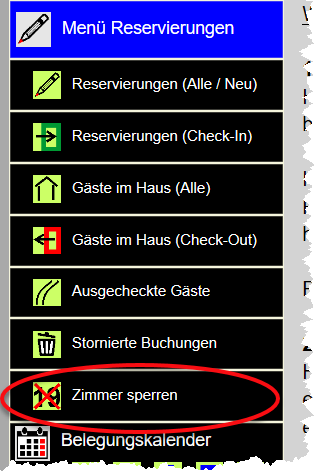 Hotelsoftware Menü Zimmer sperren 
