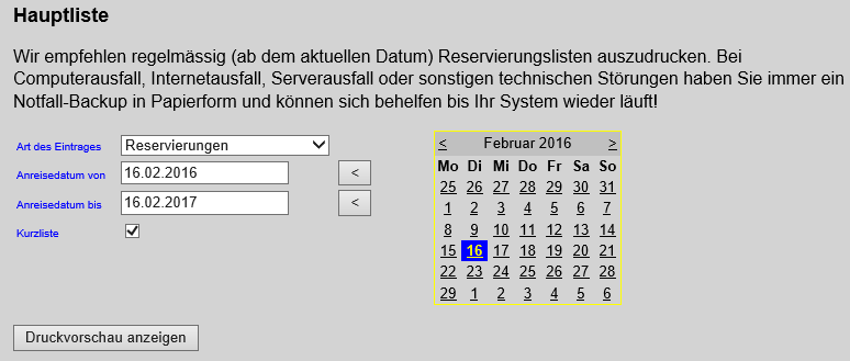 Hotelsoftware Anreiseliste