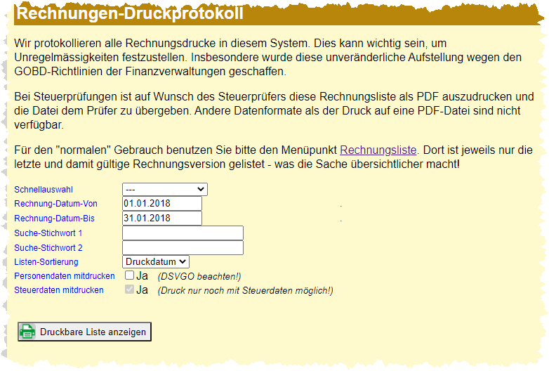 Hotelsoftware Rechnungs-Druckprotokoll