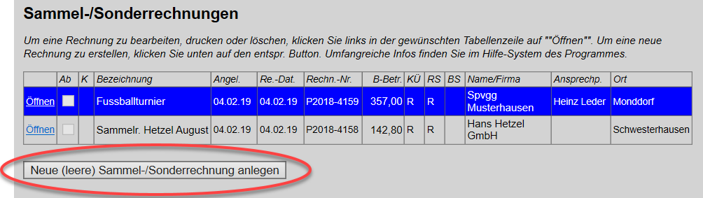 Sammel-/Sonderrechnungen Neu