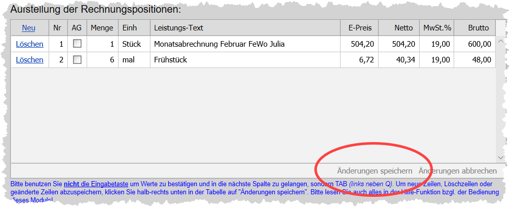 Aufstellung Sammelrechnung