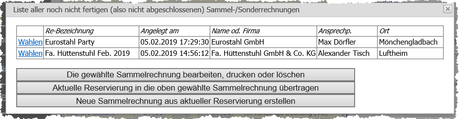 Sonder-/Sammelrechnung Auswahl