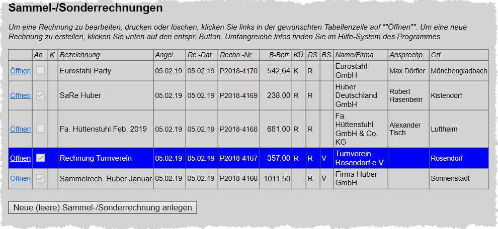 Sonder-/Sammelrechnung Auswahl